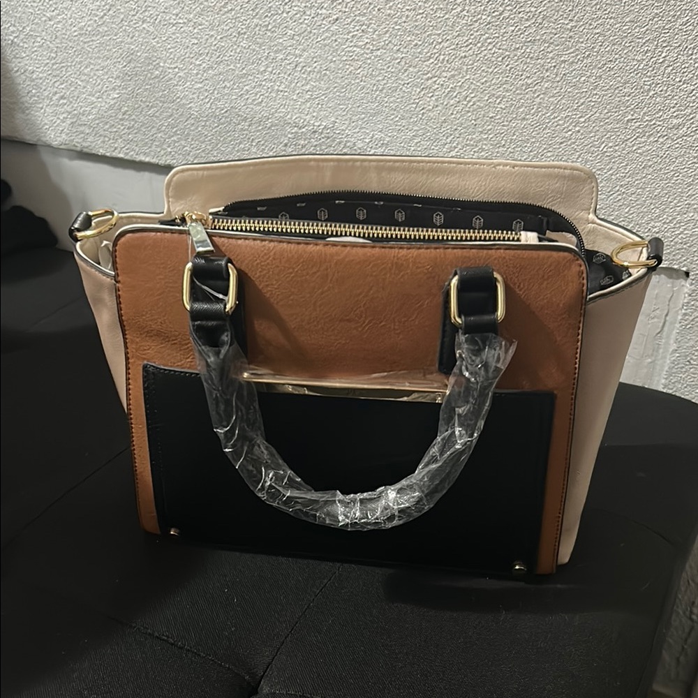 Call It Spring Tan and Black Satchel with Silver Hardware